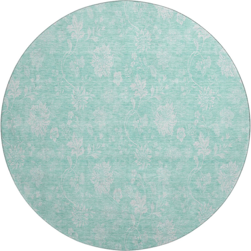 HomeRoots 8' Aqua Floral Round Rug - Durable, Stain-Resistant, UV-Protected, Perfect for Homes with Kids & Pets! 655959