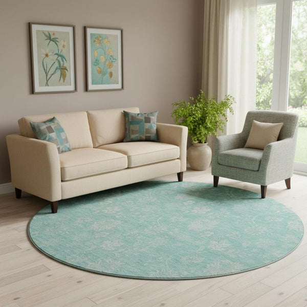 HomeRoots 8' Aqua Floral Round Rug - Durable, Stain-Resistant, UV-Protected, Perfect for Homes with Kids & Pets! 655959