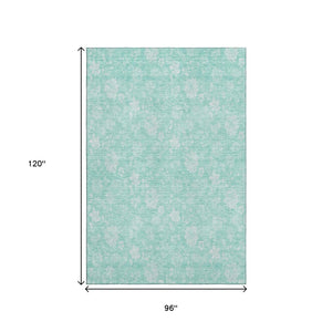 HomeRoots 8' X 10' Aqua & Ivory Floral Area Rug - Washable, UV-Protected, Stain-Resistant for Family Spaces 655960