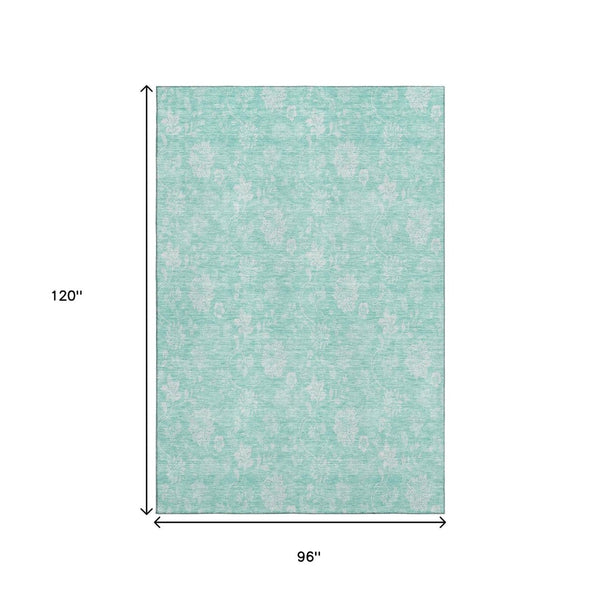 HomeRoots 8' X 10' Aqua & Ivory Floral Area Rug - Washable, UV-Protected, Stain-Resistant for Family Spaces 655960