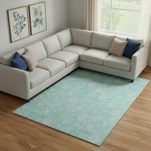 HomeRoots 8' X 10' Aqua & Ivory Floral Area Rug - Washable, UV-Protected, Stain-Resistant for Family Spaces 655960