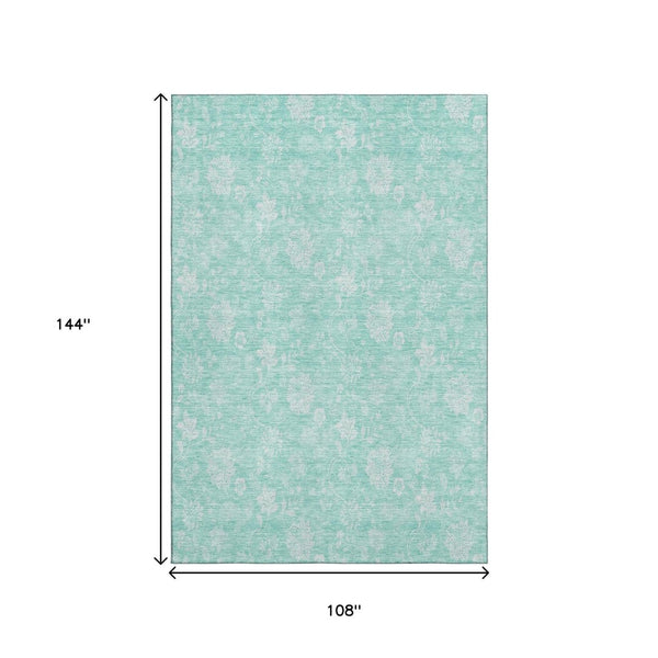 HomeRoots 9' X 12' Aqua and Ivory Floral Area Rug - Stain-Resistant, UV Protected, Easy-Care for Homes with Pets 655961