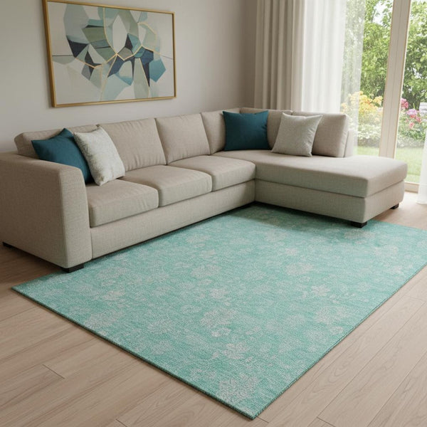 HomeRoots 9' X 12' Aqua and Ivory Floral Area Rug - Stain-Resistant, UV Protected, Easy-Care for Homes with Pets 655961