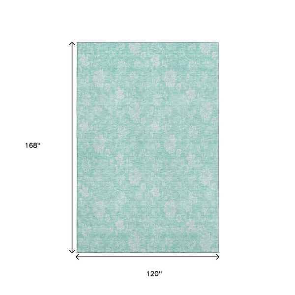 HomeRoots 10' X 14' Aqua Floral Area Rug - Stylish Washable Design with UV Protection for High-Traffic Areas 655962