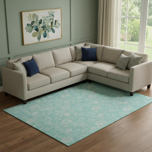 HomeRoots 10' X 14' Aqua Floral Area Rug - Stylish Washable Design with UV Protection for High-Traffic Areas 655962