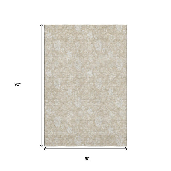 HomeRoots 5' X 8' Beige and Ivory Floral Area Rug - Washable, UV Protected, Perfect for High-Traffic Spaces 655964