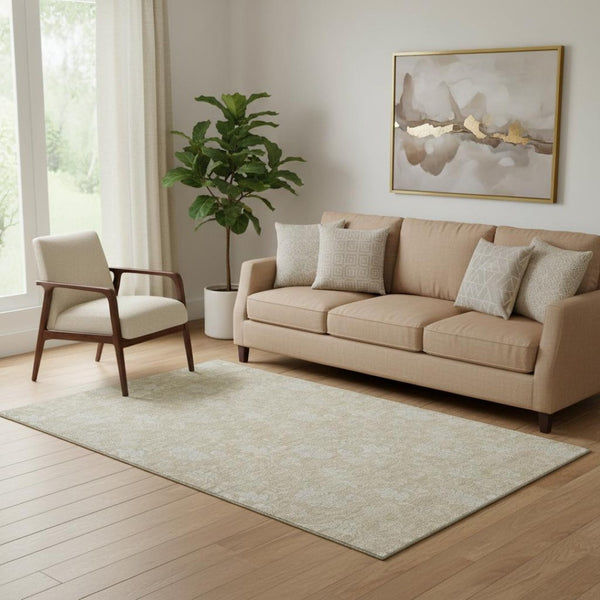 HomeRoots 5' X 8' Beige and Ivory Floral Area Rug - Washable, UV Protected, Perfect for High-Traffic Spaces 655964