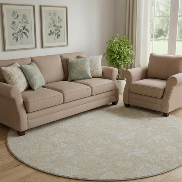 HomeRoots 8' Beige And Ivory Floral Area Rug – Washable, UV Protected, Stain Resistant for Homes with Kids & Pets 655965