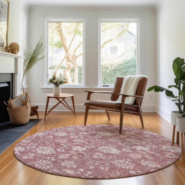 HomeRoots 8' Blush and Ivory Floral Washable Round Rug - UV Protected, Stain Resistant, Durable Design for Homes 655971