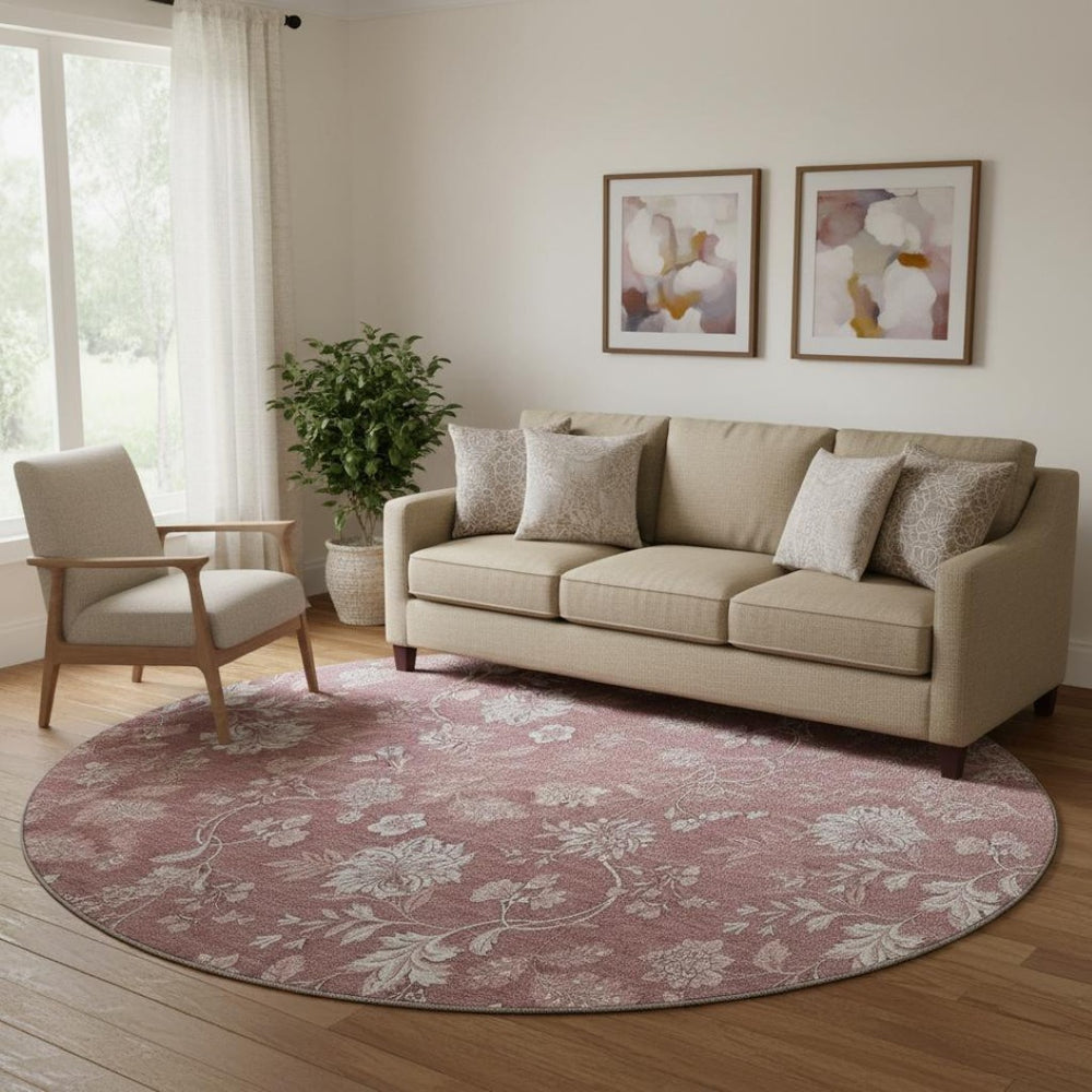 HomeRoots 8' Blush and Ivory Floral Washable Round Rug - UV Protected, Stain Resistant, Durable Design for Homes 655971