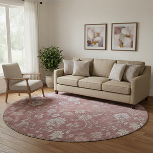 HomeRoots 8' Blush and Ivory Floral Washable Round Rug - UV Protected, Stain Resistant, Durable Design for Homes 655971