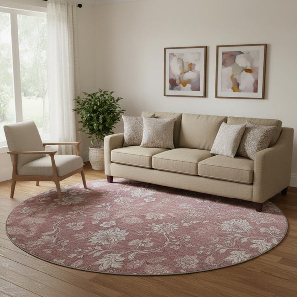 HomeRoots 8' Blush and Ivory Floral Washable Round Rug - UV Protected, Stain Resistant, Durable Design for Homes 655971