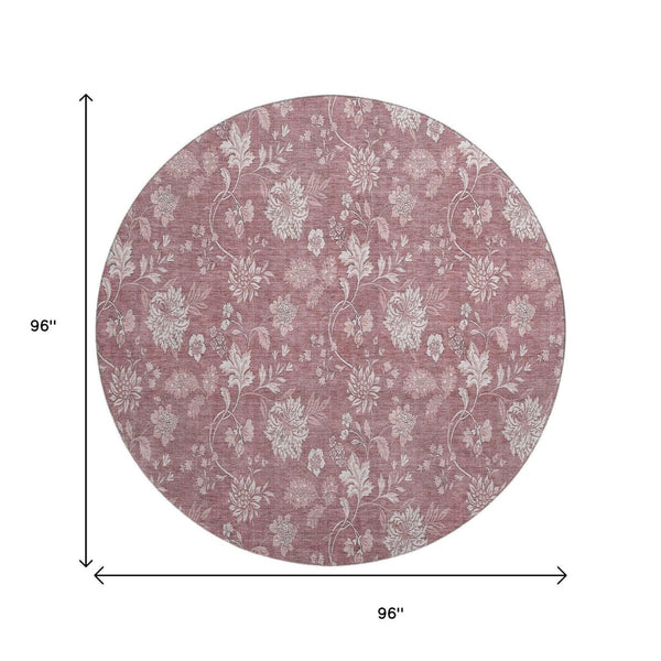 HomeRoots 8' Blush and Ivory Floral Washable Round Rug - UV Protected, Stain Resistant, Durable Design for Homes 655971