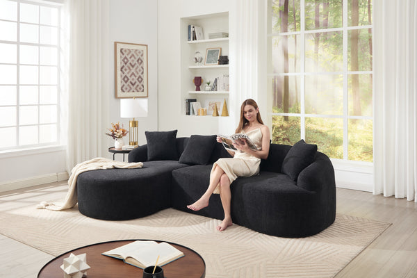 English Elm Compression L-Shape Sectional Sofa with Curved Chaise — Black Chenille Modular Sleeper, 30D Foam Comfort W2231S00043