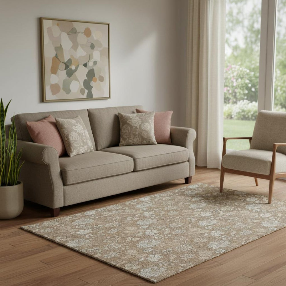 HomeRoots 5' X 8' Copper and Beige Floral Area Rug - Washable, Stain Resistant, UV Protected for Durability 655976
