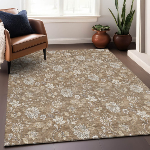 HomeRoots 5' X 8' Copper and Beige Floral Area Rug - Washable, Stain Resistant, UV Protected for Durability 655976