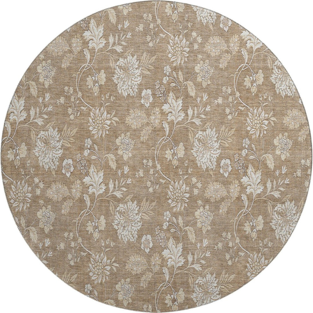 HomeRoots 8' Copper and Beige Floral Washable Round Rug - Durable, Stylish, UV-Protected for Homes with Kids & Pets 655977