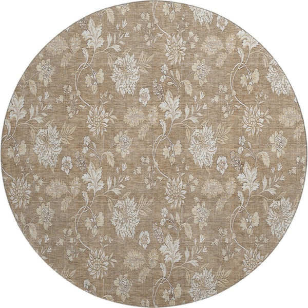 HomeRoots 8' Copper and Beige Floral Washable Round Rug - Durable, Stylish, UV-Protected for Homes with Kids & Pets 655977