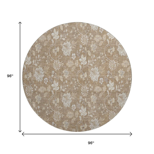 HomeRoots 8' Copper and Beige Floral Washable Round Rug - Durable, Stylish, UV-Protected for Homes with Kids & Pets 655977