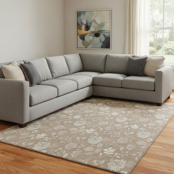 HomeRoots 8' X 10' Copper and Beige Floral Washable Area Rug - Durable, Stain Resistant, UV Protected Design 655978