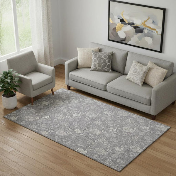 HomeRoots 5' X 8' Gray And Ivory Floral Washable Area Rug – Durable, Stain Resistant, UV Protected Design for Home 655982
