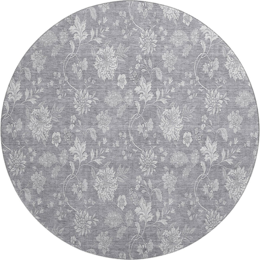 HomeRoots 8' Gray and Ivory Floral Washable Round Rug - Durable, Stain-Resistant with UV Protection for Homes 655983