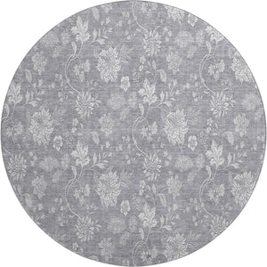 HomeRoots 8' Gray and Ivory Floral Washable Round Rug - Durable, Stain-Resistant with UV Protection for Homes 655983