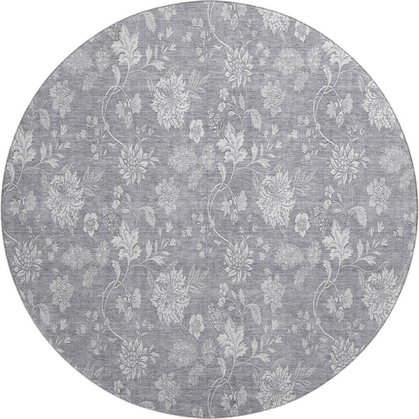 HomeRoots 8' Gray and Ivory Floral Washable Round Rug - Durable, Stain-Resistant with UV Protection for Homes 655983
