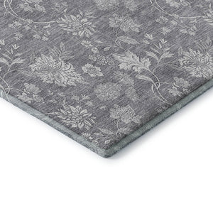 HomeRoots 8' Gray and Ivory Floral Washable Round Rug - Durable, Stain-Resistant with UV Protection for Homes 655983