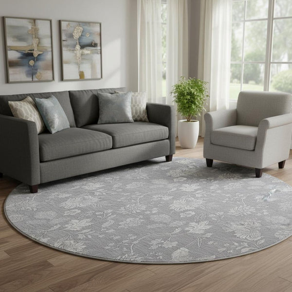 HomeRoots 8' Gray and Ivory Floral Washable Round Rug - Durable, Stain-Resistant with UV Protection for Homes 655983