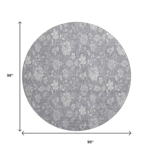 HomeRoots 8' Gray and Ivory Floral Washable Round Rug - Durable, Stain-Resistant with UV Protection for Homes 655983