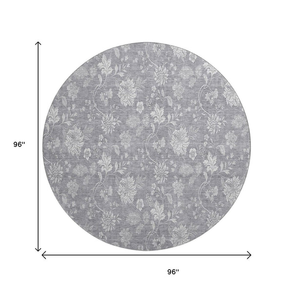 HomeRoots 8' Gray and Ivory Floral Washable Round Rug - Durable, Stain-Resistant with UV Protection for Homes 655983
