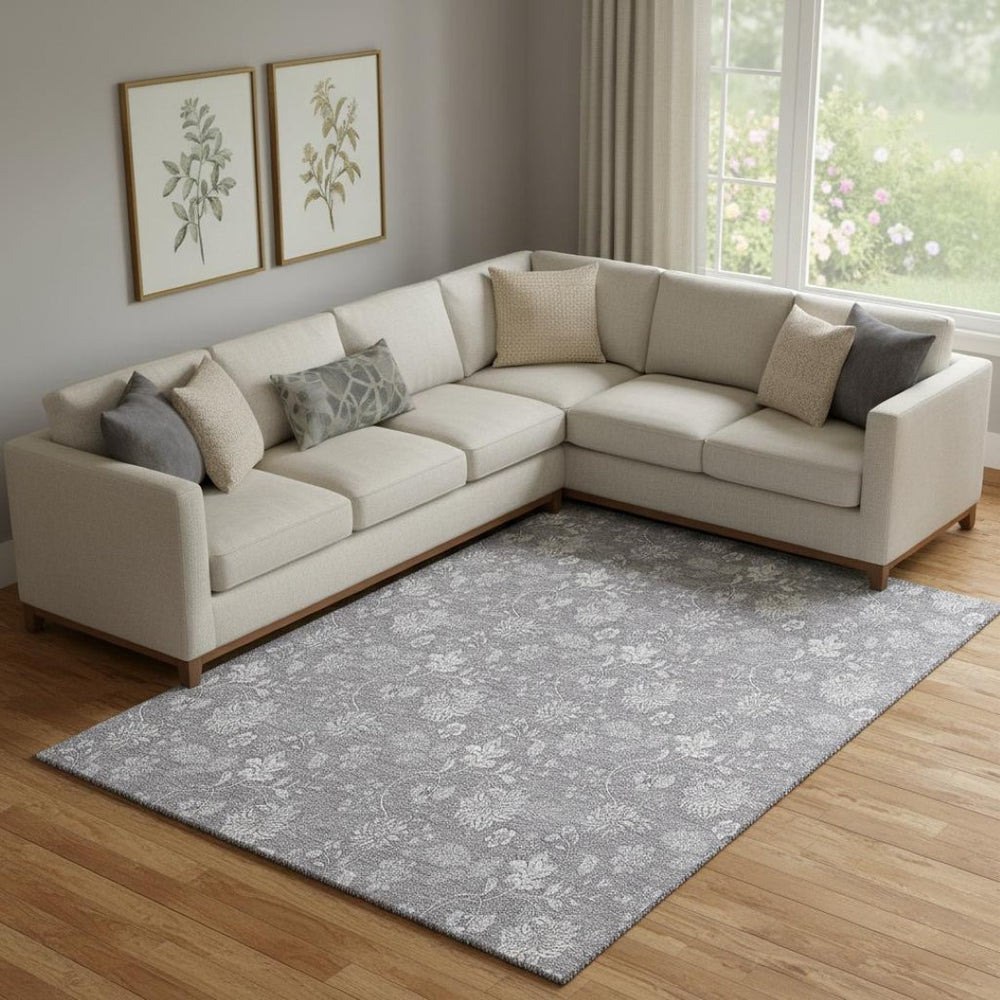 HomeRoots 8' X 10' Gray and Ivory Floral Area Rug – Durable, Washable, UV Protected, Perfect for Busy Homes! 655984