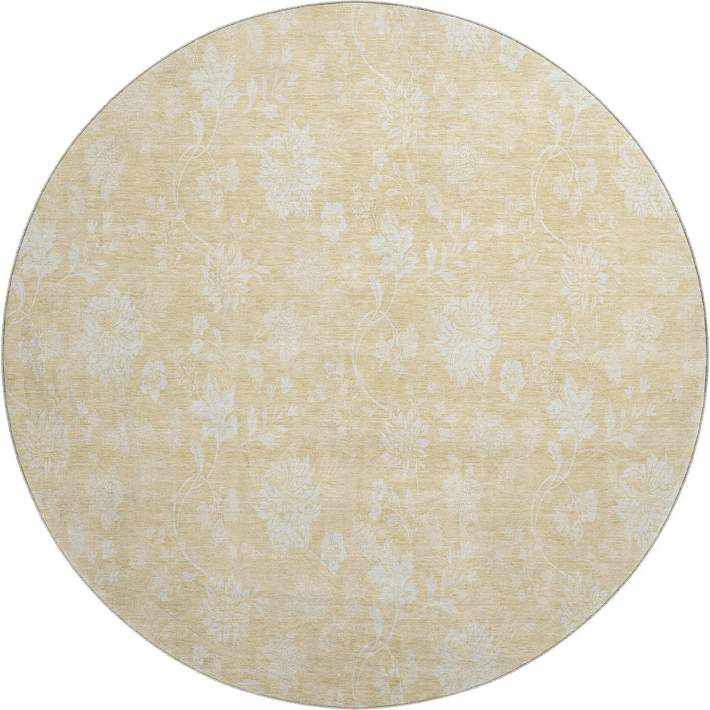 HomeRoots 8' Amber and Ivory Floral Round Rug - Washable, UV Protected, Durable for Family Living Spaces 655989
