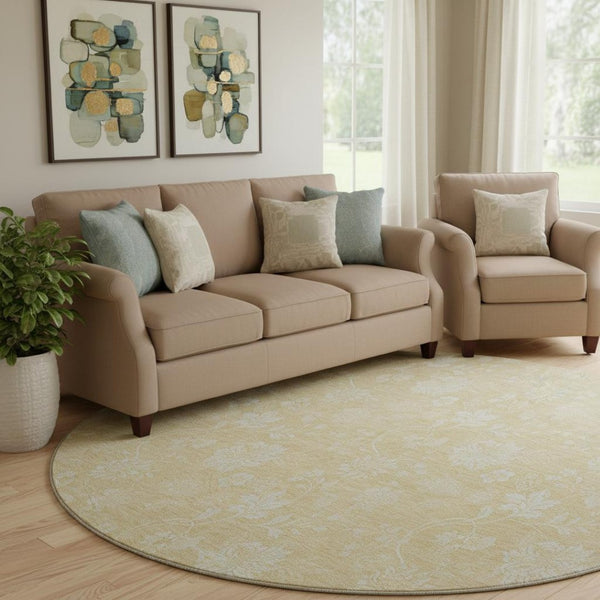 HomeRoots 8' Amber and Ivory Floral Round Rug - Washable, UV Protected, Durable for Family Living Spaces 655989