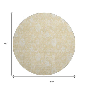 HomeRoots 8' Amber and Ivory Floral Round Rug - Washable, UV Protected, Durable for Family Living Spaces 655989
