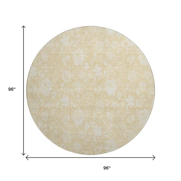 HomeRoots 8' Amber and Ivory Floral Round Rug - Washable, UV Protected, Durable for Family Living Spaces 655989