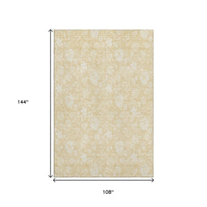 HomeRoots 9' X 12' Amber And Ivory Floral Area Rug - Washable, UV Protected, Perfect for Homes with Kids & Pets 655991