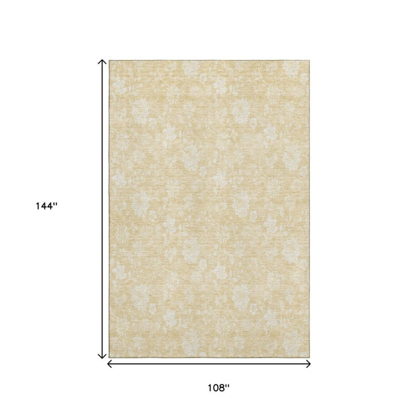 HomeRoots 9' X 12' Amber And Ivory Floral Area Rug - Washable, UV Protected, Perfect for Homes with Kids & Pets 655991