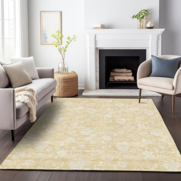 HomeRoots 9' X 12' Amber And Ivory Floral Area Rug - Washable, UV Protected, Perfect for Homes with Kids & Pets 655991