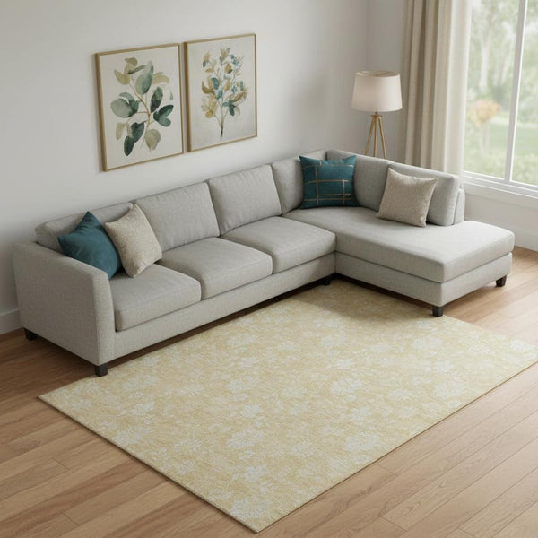 HomeRoots 9' X 12' Amber And Ivory Floral Area Rug - Washable, UV Protected, Perfect for Homes with Kids & Pets 655991