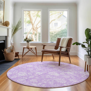 HomeRoots 8' Lilac and Ivory Floral Washable Round Rug - Durable, UV-Protected, Easy-Care Design for Any Room 655995