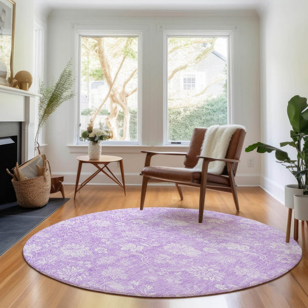 HomeRoots 8' Lilac and Ivory Floral Washable Round Rug - Durable, UV-Protected, Easy-Care Design for Any Room 655995