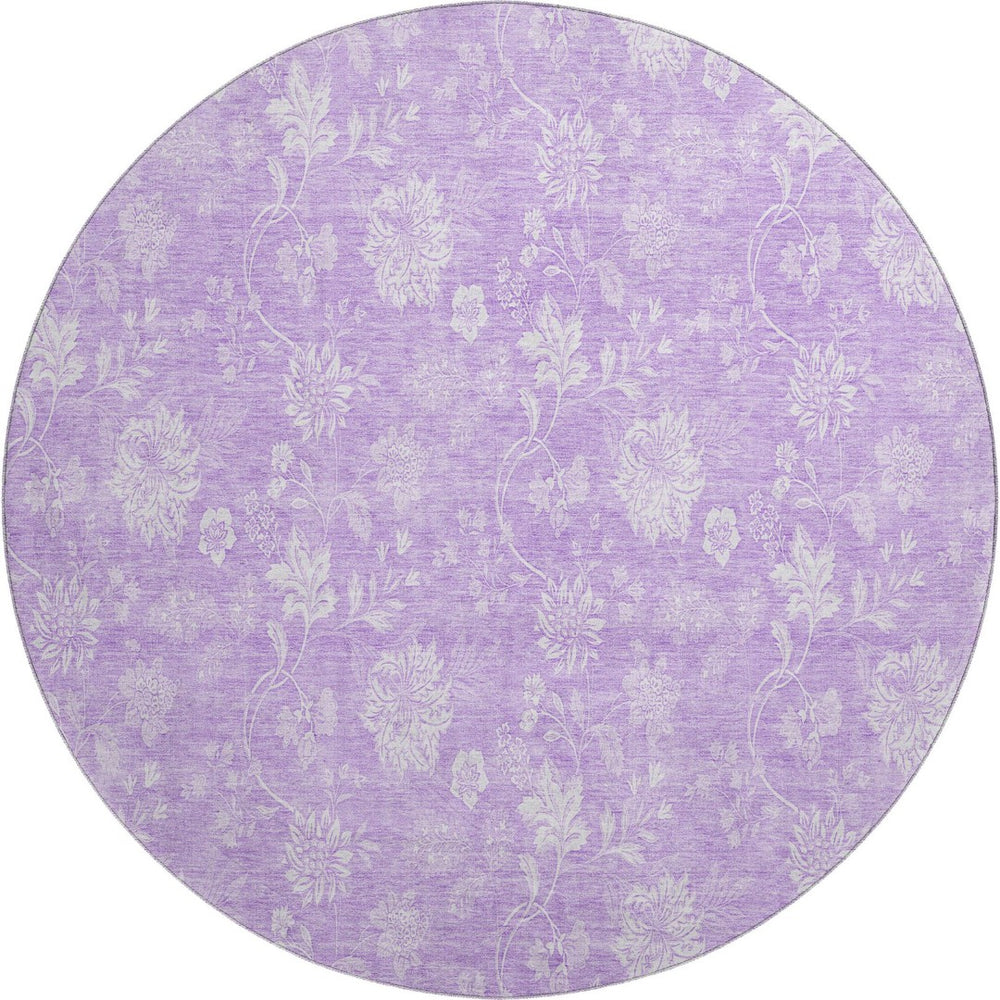 HomeRoots 8' Lilac and Ivory Floral Washable Round Rug - Durable, UV-Protected, Easy-Care Design for Any Room 655995