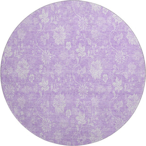 HomeRoots 8' Lilac and Ivory Floral Washable Round Rug - Durable, UV-Protected, Easy-Care Design for Any Room 655995