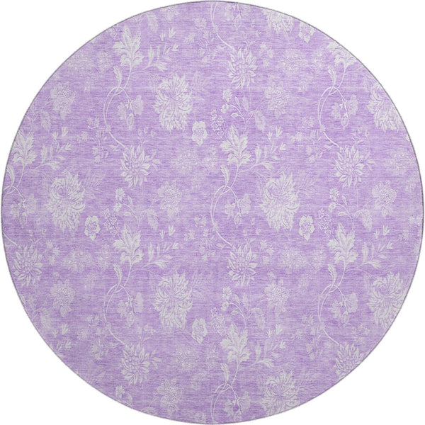HomeRoots 8' Lilac and Ivory Floral Washable Round Rug - Durable, UV-Protected, Easy-Care Design for Any Room 655995