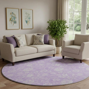 HomeRoots 8' Lilac and Ivory Floral Washable Round Rug - Durable, UV-Protected, Easy-Care Design for Any Room 655995