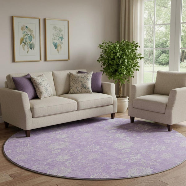 HomeRoots 8' Lilac and Ivory Floral Washable Round Rug - Durable, UV-Protected, Easy-Care Design for Any Room 655995
