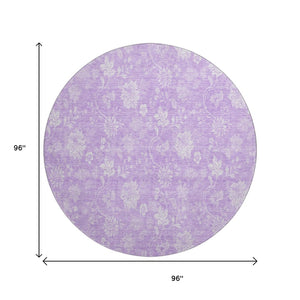 HomeRoots 8' Lilac and Ivory Floral Washable Round Rug - Durable, UV-Protected, Easy-Care Design for Any Room 655995