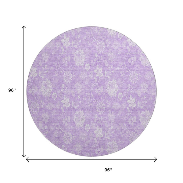 HomeRoots 8' Lilac and Ivory Floral Washable Round Rug - Durable, UV-Protected, Easy-Care Design for Any Room 655995